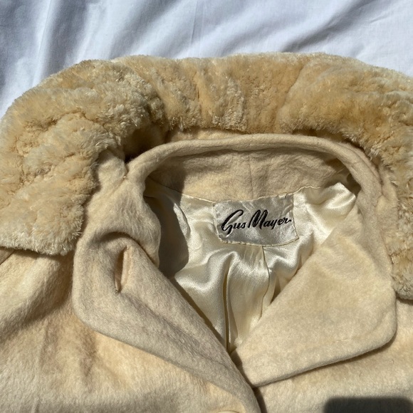 Vintage 1960s Gus Meyer Beige Wool Coat Honey Furry Collar 3/4 Sleeves L - Picture 4 of 16